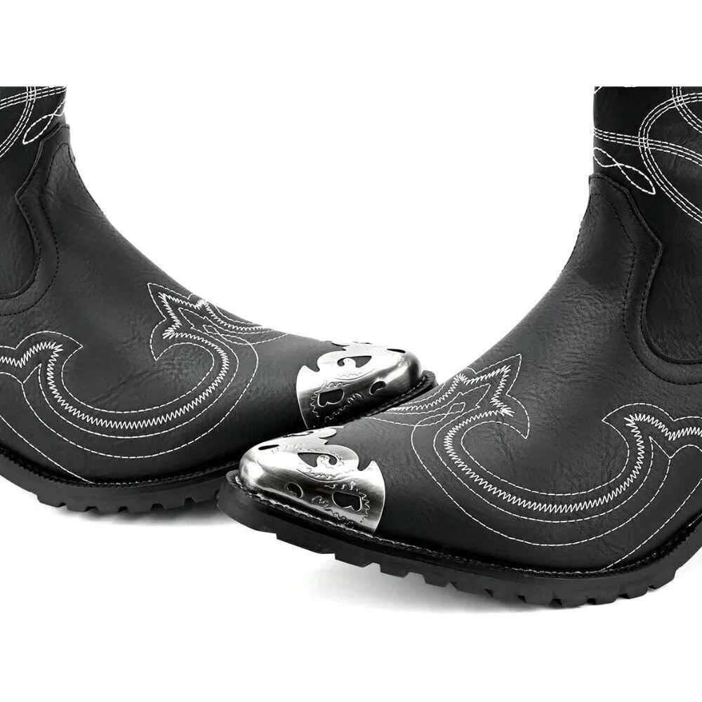 Men's Black Western Cowboy Retro Classic Embroidered Pull On Durable Boots